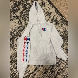 gray champion hoodie, size medium